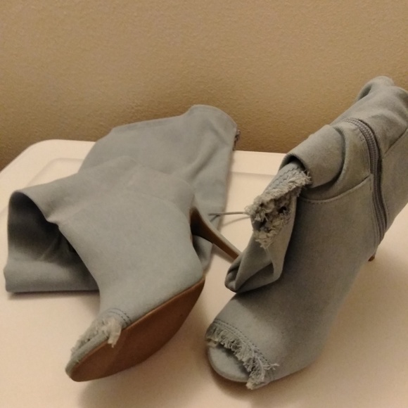 Wild Diva Peep Toe Light Denim Over the Knee Boots - Picture 4 of 8